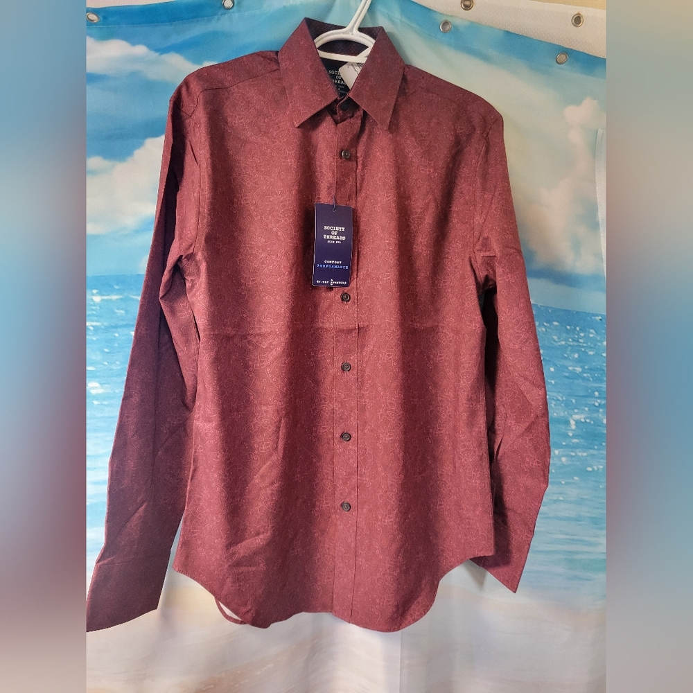 Society Of Threads NWT Men's Burgundy Paisley Long Sleeve Button Down Shirt Smal